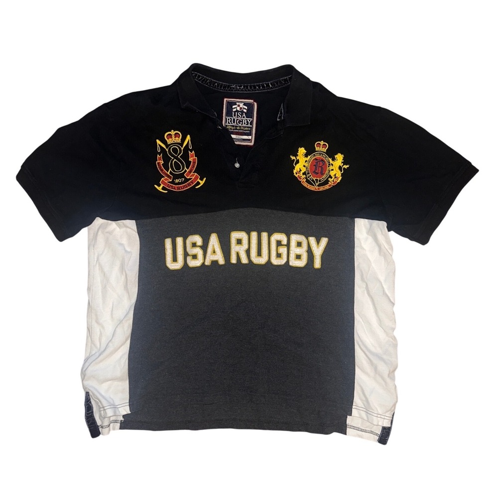 USA Rugby Lifestyle & Tradition Colorblock Polo Shirt Black Grey White 3XL